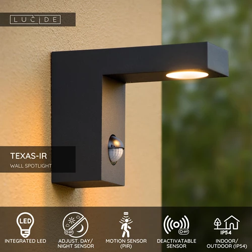 Lucide TEXAS-IR - Wall spotlight / Wall light Indoor/Outdoor - LED - 1x7W 3000K - IP54 - Motion & Day/Night Sensor (deactivatable) - Anthracite - USP